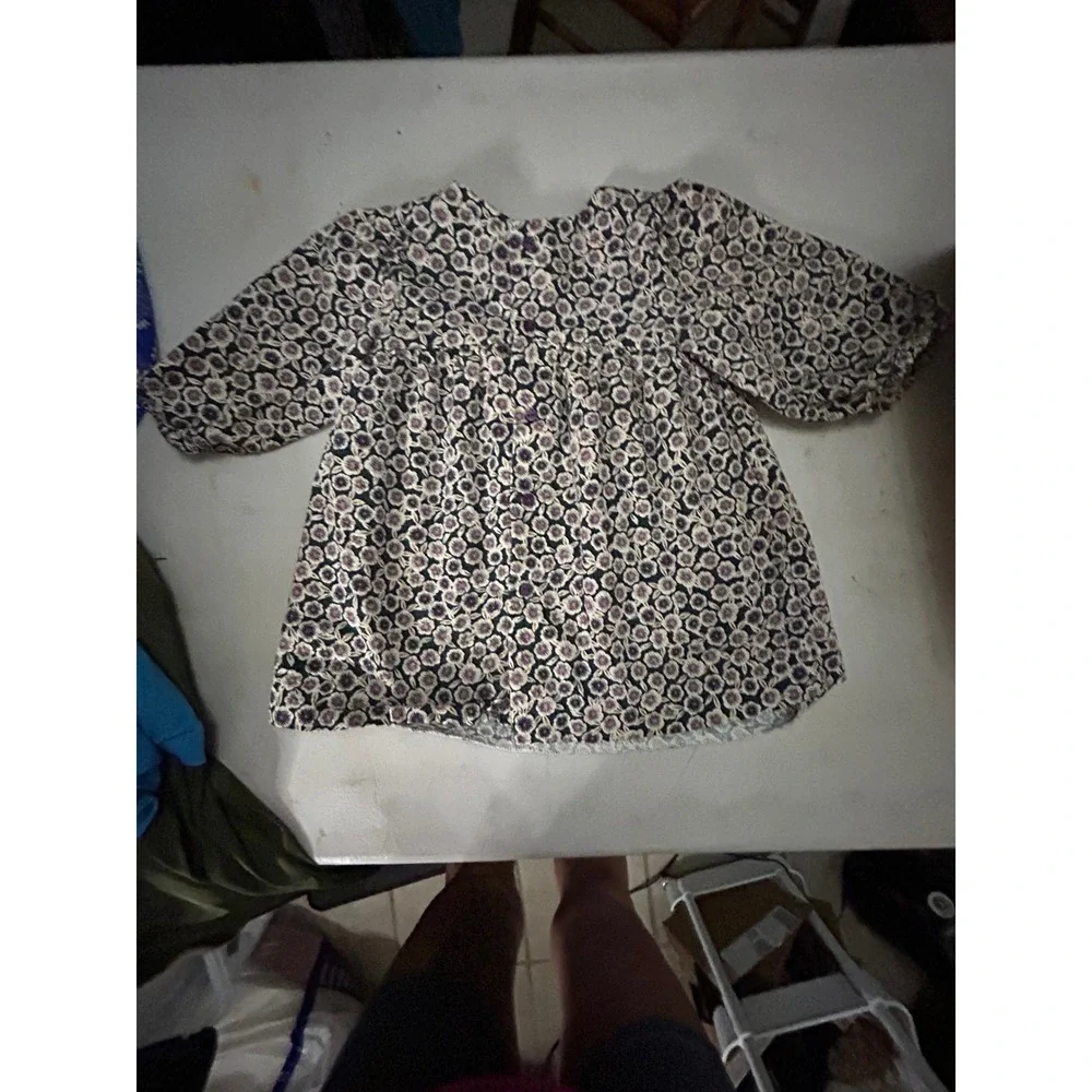 Zara‎ cottagecore Baby Girl Puff Sleeve Blouse Purple Green 12-18 Months